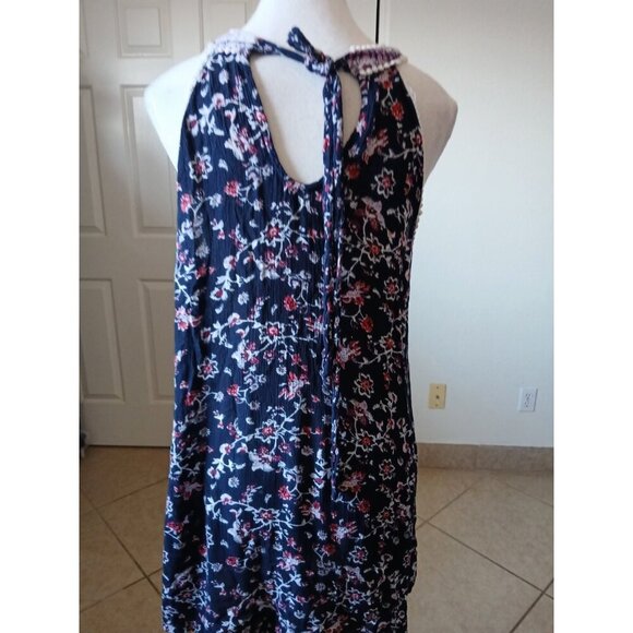 J. Gee Boho Floral Halter Dress Tunic M Navy Blue Embroidered Trim Sleeveless - Picture 2 of 13